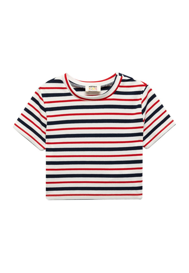 Camiseta infantil de manga corta con rayas horizontales en rojo, azul marino y blanco. Confeccionada en tejido acanalado y con cuello redondo.