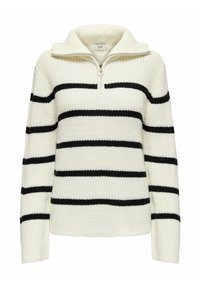 Pull en tricot blanc avec des rayures horizontales noires, doté d'un col zippé quart et de manches longues. Tissu texturé et poignets côtelés.
