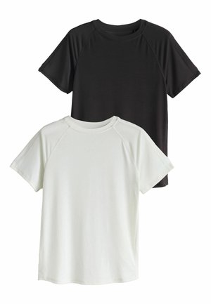 Two short-sleeve T-shirts: one black and one white, both featuring raglan sleeves, soft fabric, and a round neckline.