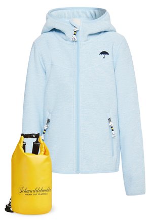 Helles blaues Zip-Hoodie mit Kapuze, zwei Reißverschlusstaschen und einem Regenschirm-Stick. Gelbe wasserdichte Tasche mit schwarzem Tragegurt und Logo.