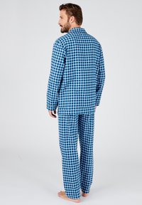 Blauw en turquoise geruit pyjama set van katoen, met een button-up shirt en losse broek, met lange mouwen en een geruit patroon.