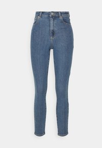 Vaqueros de denim azul de cintura alta con un corte ajustado, que cuentan con bolsillos frontales, cremallera y un diseño clásico de cinco bolsillos.