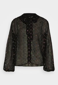 Schwarze transparente Bluse mit langen Ärmeln, mit mehrfarbigen Pailletten in geometrischen Mustern, gebundenem Kragen und Knopfleiste.