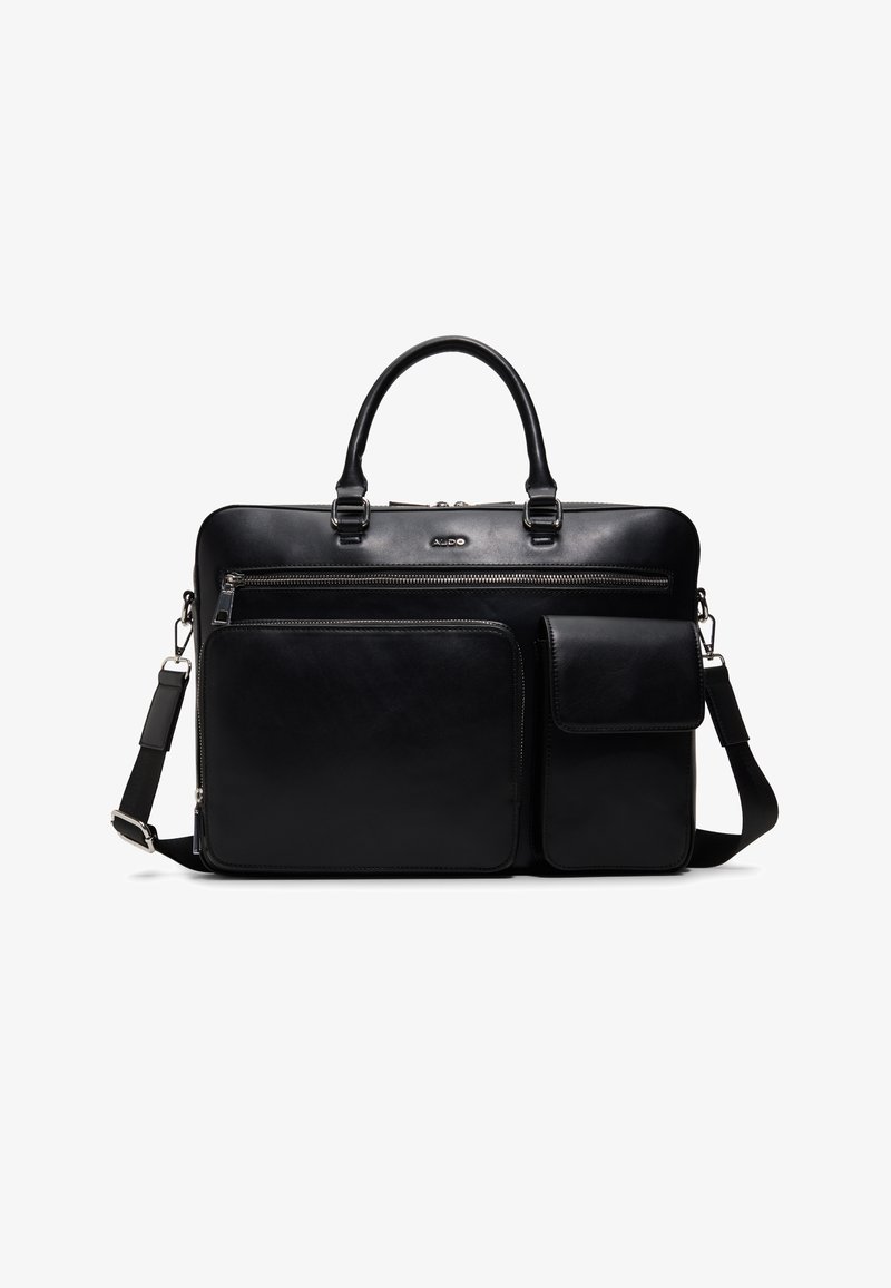 Maletín de cuero negro con asas dobles, correa de hombro desmontable y múltiples bolsillos frontales con cremallera y solapa.