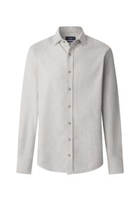 Camisa de manga larga gris claro con patrón de espiga, que presenta un collar clásico y seis botones en la parte delantera. Textura de tela suave.