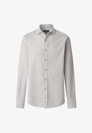 Hellegrau langärmliges Hemd im Fischgrätmuster, mit klassischem Kragen und sechs Knöpfen auf der Vorderseite. Glatte Stoffoberfläche.