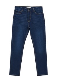 Jeans in denim blu scuro con una vestibilità aderente, cinque tasche e cuciture in vista. Il tessuto ha una texture liscia e una leggera elasticità.