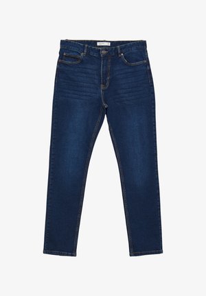 Jeans in denim blu scuro con una vestibilità aderente, cinque tasche e cuciture in vista. Il tessuto ha una texture liscia e una leggera elasticità.