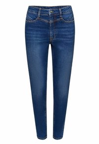 Vaqueros de denim azul oscuro con un diseño ajustado, estilo de cinco bolsillos y detalles de costuras discretas. Textura suave con piernas cónicas.