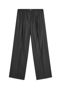 Schwarze schmalgestreifte weit geschnittene Hosen mit elastischem Bund und glatter Textur. Verfügt über horizontale Streifen für eine maßgeschneiderte Optik.