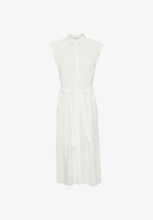 Valkoinen hihaton napitettava mekko, jossa on kaulus ja kankainen vyö, suoran leikkauksen ja sileän pinnan kanssa.