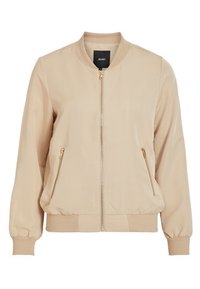 Beige Bomberjacke mit geripptem Kragen, Ärmelbündchen und Saum, vorderem Reißverschluss und seitlichen Reißverschlusstaschen.
