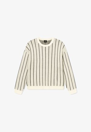 Knitted sweater in off-white with black vertical stripes. Features a crew neck, long sleeves, and ribbed cuffs and hem. Lightweight texture.