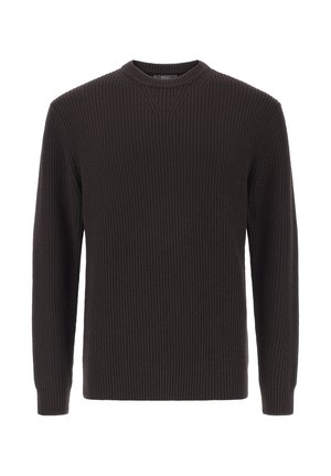 Suéter de punto acanalado marrón oscuro con cuello redondo y mangas largas. La textura del tejido es prominente, con un detalle sutil en el escote.