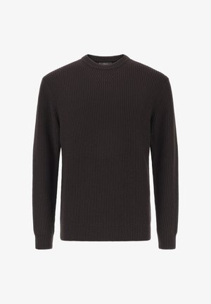 Tamsiai rudos spalvos raštuotas megztinis su apvalia iškirpte ir ilgomis rankovėmis. Medžiagos tekstūra yra išryškinta, o apykaklėje yra subtilus detalizavimas.