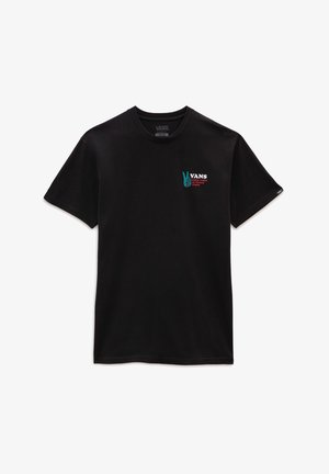 Camiseta negra Vans de manga corta, con un pequeño gráfico de una mano haciendo el símbolo de la paz en color verde azulado y el texto "VANS Good Times In Tough Times" en el pecho izquierdo.