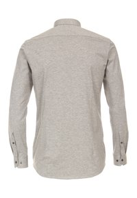 Graues Langarmshirt aus weichem Material. Standardkragen, knöpfbare Manschetten und gerade Schnittführung mit subtiler Textur.