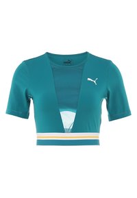 Teal sportcrop topp med korta ärmar, V-ringning, nätpanel och gul- och vitrandig kant längst ner. Har Puma-logotyp.