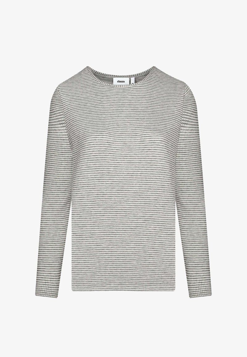 Graues Langarmshirt mit einer strukturierten, gepunkteten Musterung, rundem Ausschnitt und geradem Schnitt. Hergestellt aus einem leichten Stoff, geeignet für den Freizeitgebrauch.