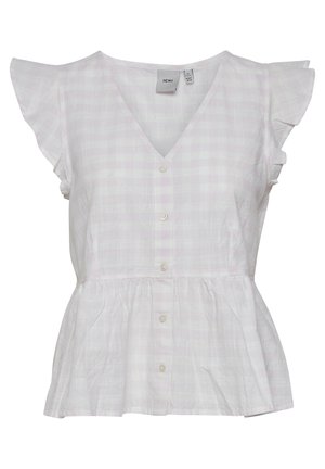 Svijetlo ružičasta karirana bluzica od mekog materijala. Ima V-izrez, naborane rukave i prednje gumbe s uvučenim strukom.