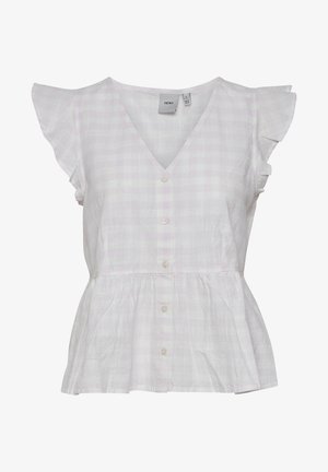 Heled roosa ruuduline pluus pehmest kangast. Omab V-kaela, volangvarusid ja eesnuppe koos kokkusurutud taljega.