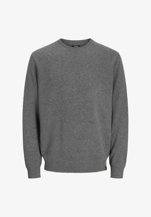 Grå sweater i et blødt strikket stof, rund halsudskæring, lange ærmer og ribbet kant. Har en subtil tekstur med et lille mærke.