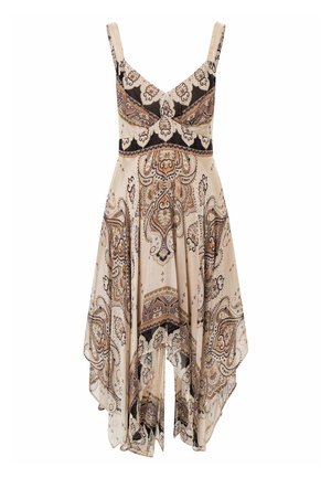 Beiges ärmelloses Kleid mit braunen und schwarzen, kunstvoll geschwungenen Paisleymustern, tailliertem Oberteil und asymmetrischem Tuchsaum.