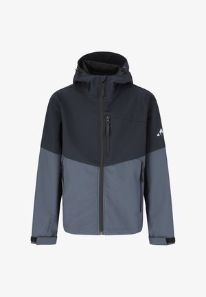 Tofarvet grå softshell-udendørsjakke med hætte, frontlynlås, brystlomme, sidelommer og justerbare velcrolommer.