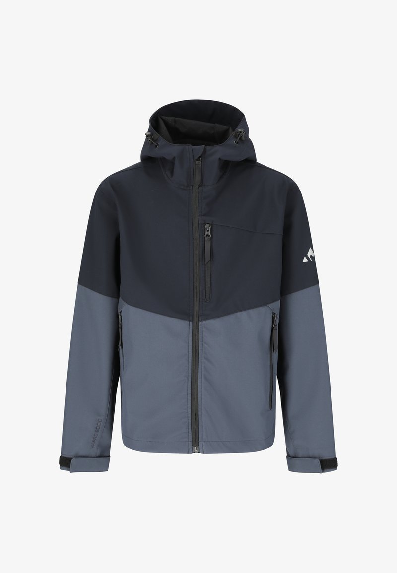 Tweekleurig grijze softshell outdoorjas met capuchon, frontrits, borstzak, zijzakken en verstelbare klittenbandmanchetten.