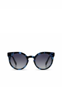 Lunettes de soleil rondes avec des montures noires présentant des motifs marbrés bleus, des verres dégradés gris et une silhouette en œil de chat.