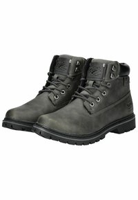 Bottes chevilles en cuir gris foncé avec un design de lacets gris, surface texturée, accents noirs, et semelle en caoutchouc robuste avec des crampons profonds.