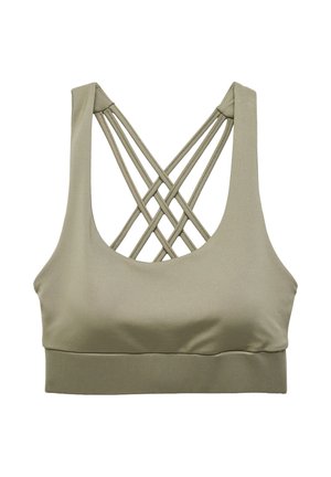 Sujetador deportivo verde oliva claro con tirantes anchos y un patrón cruzado en la espalda, hecho de tela lisa y elástica.