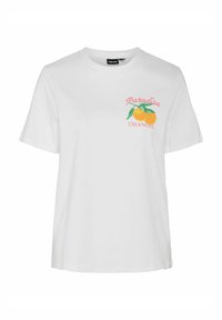 Balta kokvilnas T-krekls ar mazu oranžu grafiku, zaļām lapām un tekstu "Paradise Oranges" rozā un oranžā krāsā.