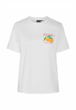 Hvid bomulds t-shirt med et lille orange grafisk motiv med grønne blade og teksten "Paradise Oranges" i pink og orange.