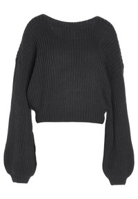 Pull court en gris foncé, présentant une texture côtelée, de larges manches bouffantes et une encolure dégagée. Tissu tricot doux.