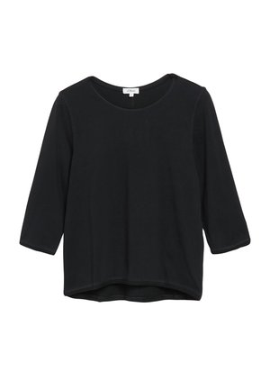 Black three-quarter sleeve shirt with round neckline and slightly curved hem, displayed on a white background.