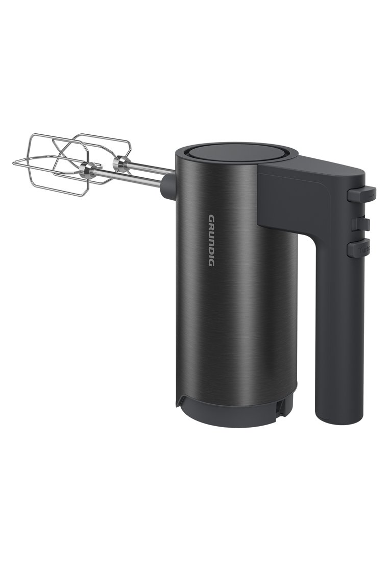 Elektrischer Handmixer aus schwarzem Metall und Kunststoff. Enthält Drahtquirle. Verfügt über einen Griff mit Tasten zur Geschwindigkeitsregelung und einer Turbo-Funktion.