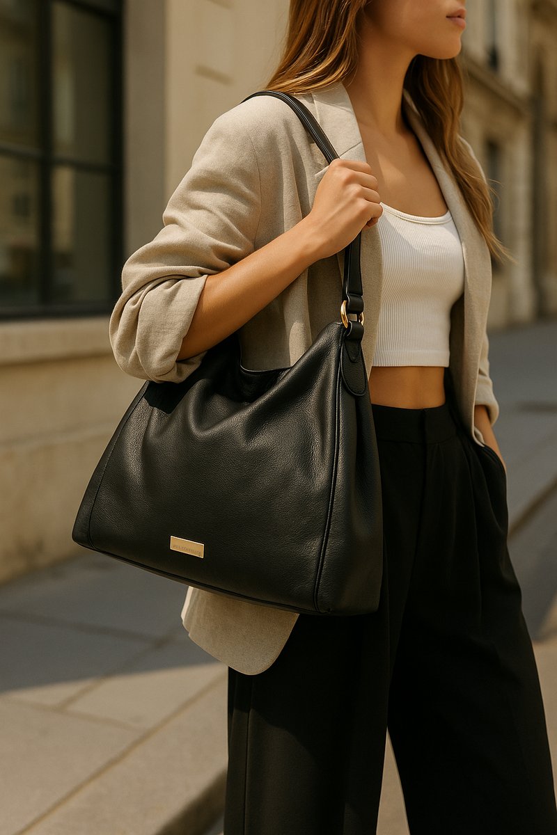 Sac hobo en cuir noir avec une texture lisse, doté d'un accent doré et d'une forme structurée, porté par une personne vêtue d'un blazer beige.