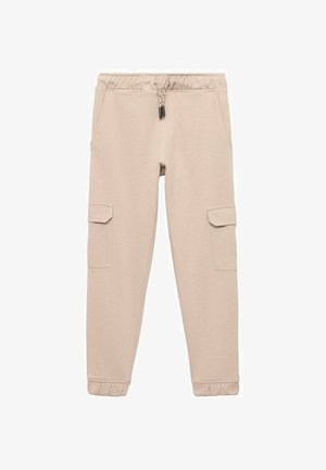 Beige cargobroek van zachte stof, met twee zijzakken, een elastische tailleband met koord en geribbelde manchetten.