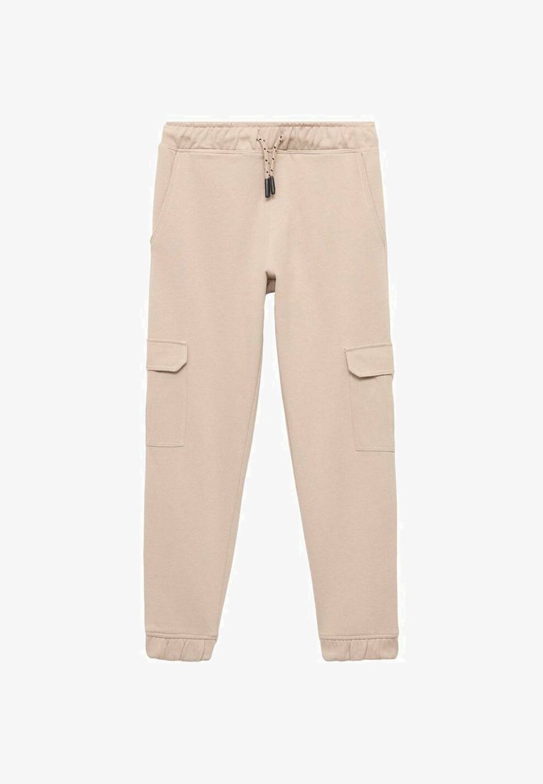 Béžovécargo nohavice vyrobené z mäkkej látky, s dvoma bočnými vreckami, elastickým pásom so šnúrkou a rebrovanými manžetami.