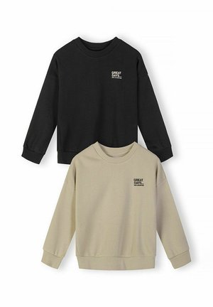Dwie bluzy z długim rękawem i okrągłym dekoltem, jedna czarna, druga beżowa, każda z napisem "GREAT DAYS NEW ADVENTURE" na lewej piersi.