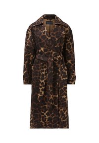Trench coat con stampa leopardata e vita con cintura, realizzato in tessuto morbido. Presenta un colletto a rever, una chiusura doppiopetto e tasche laterali.