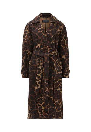 Trench coat con stampa leopardata e vita con cintura, realizzato in tessuto morbido. Presenta un colletto a rever, una chiusura doppiopetto e tasche laterali.