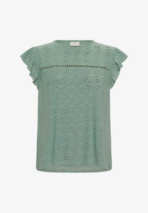 Top verde a maniche corte con motivi a occhio di pernice, spalle arricciate e scollatura rotonda. Bordo in pizzo lungo il seno. Tessuto morbido.