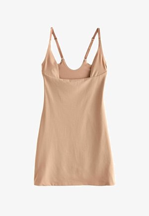 Nude, aansluitende jurk gemaakt van een zachte stof met dunne verstelbare spaghettibanden en een ronde halslijn, met een minimalistisch ontwerp zonder versieringen.