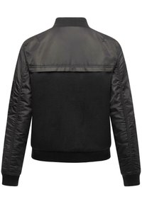Black bomber jacket featuring a combination of sleek nylon and textured fleece. Ribbed cuffs and collar, with a smooth back design.