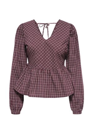 Long-sleeve burgundy blouse with white plaid pattern, V-neck, gathered waist, peplum hem, and tie closure at the back neckline.