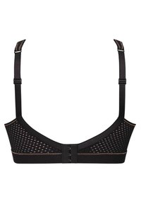 Svart bralette med ett meshdesign och kontrasterande orangea sömmar. Justerbara remmar och en hake-och-öga stängning på baksidan.
