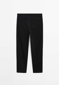 Black, tailored pants with a smooth texture, featuring a mid-rise waist, belt loops, two back pockets, and tapered leg design.