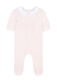 Romper in cotone rosa chiaro con maniche corte, colletto Peter Pan bianco e gambe a piedi. Presenta una vita arricciata e chiusure a scatto sul retro.